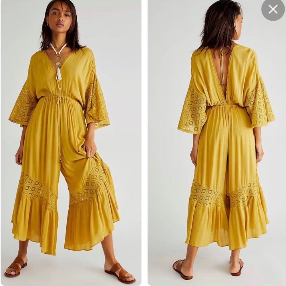 Free People Angela Jumpsuit Mustard Yellow Lace-Trim Wide-Leg Jumpsuit - Picture 3 of 7